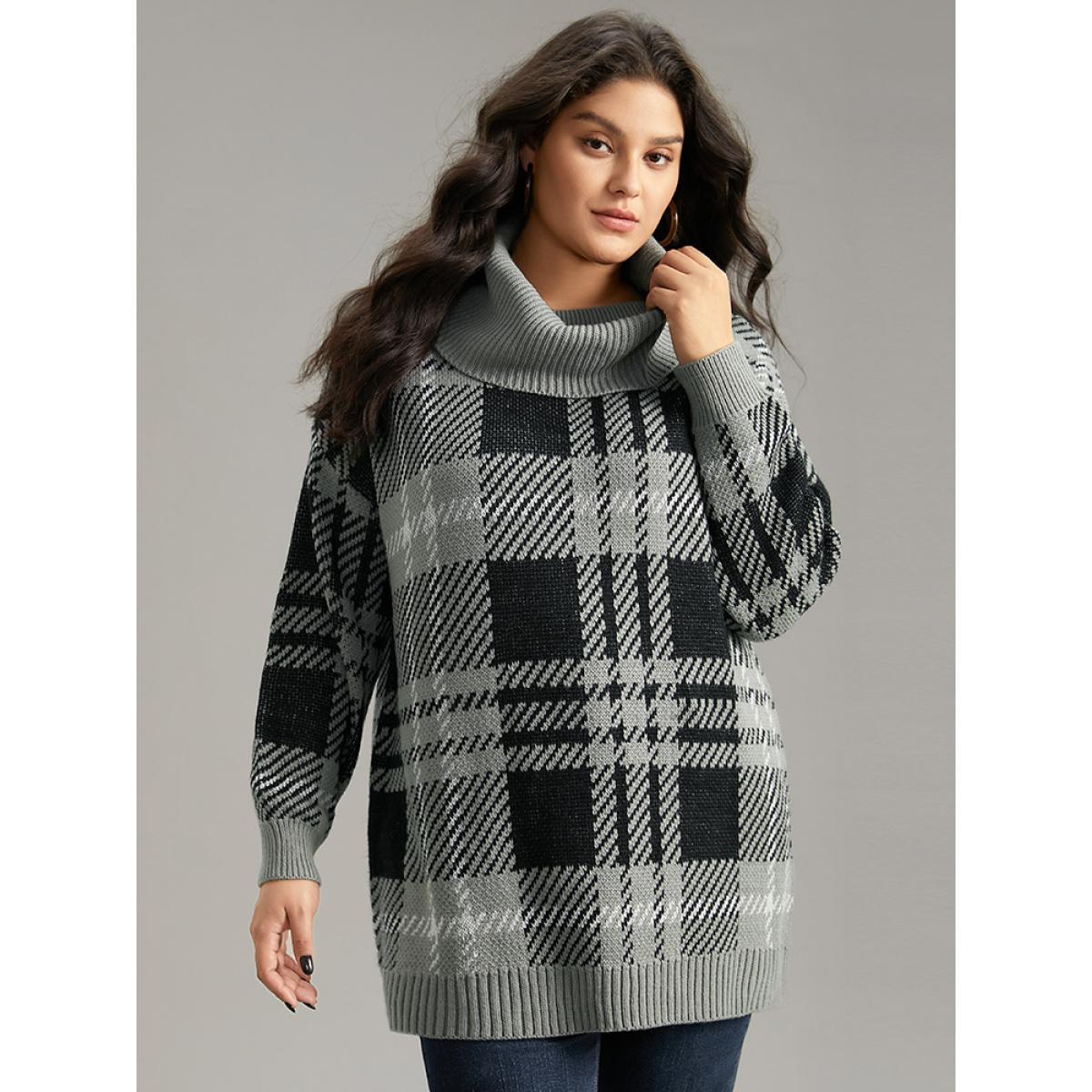 Plus Size Plaid Turtle Neck Drop Shoulder Pullover Multicolor Women Casual Loose Long Sleeve Turtleneck Dailywear Pullovers BloomChic 18-20/2X Product Image