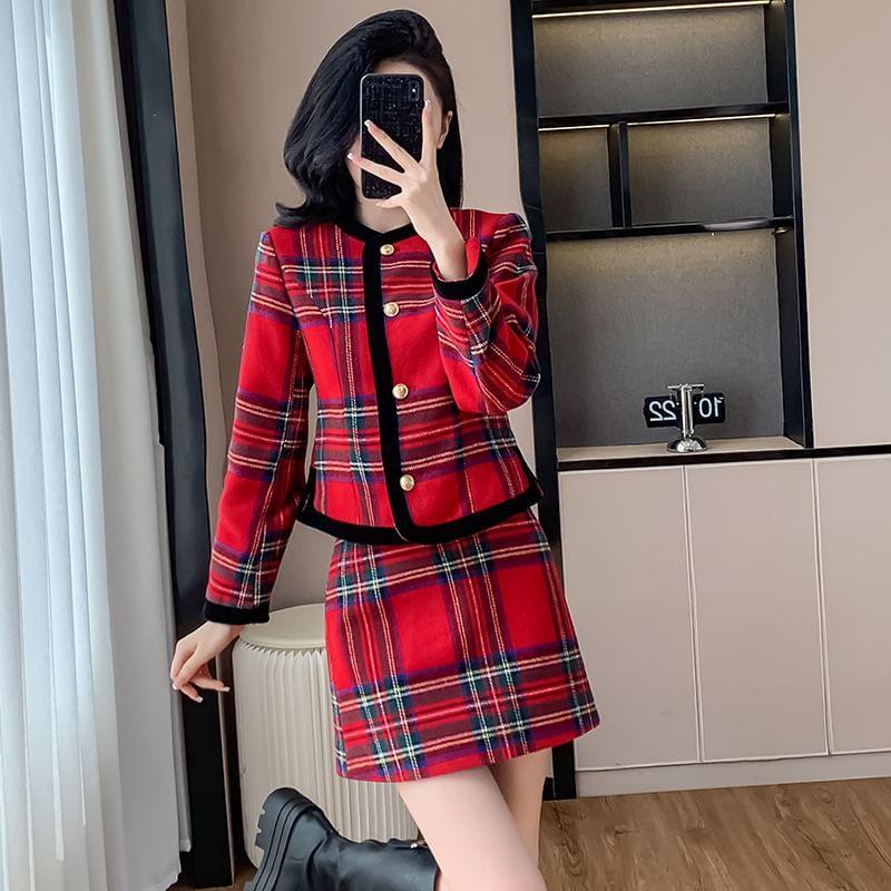 Set: Plaid Button-Up Jacket + High Rise Mini A-Line Skirt Product Image