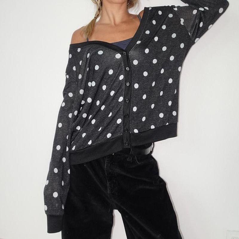 Long Sleeve Cold-Shoulder Dotted Loose-Fit Cardigan Product Image