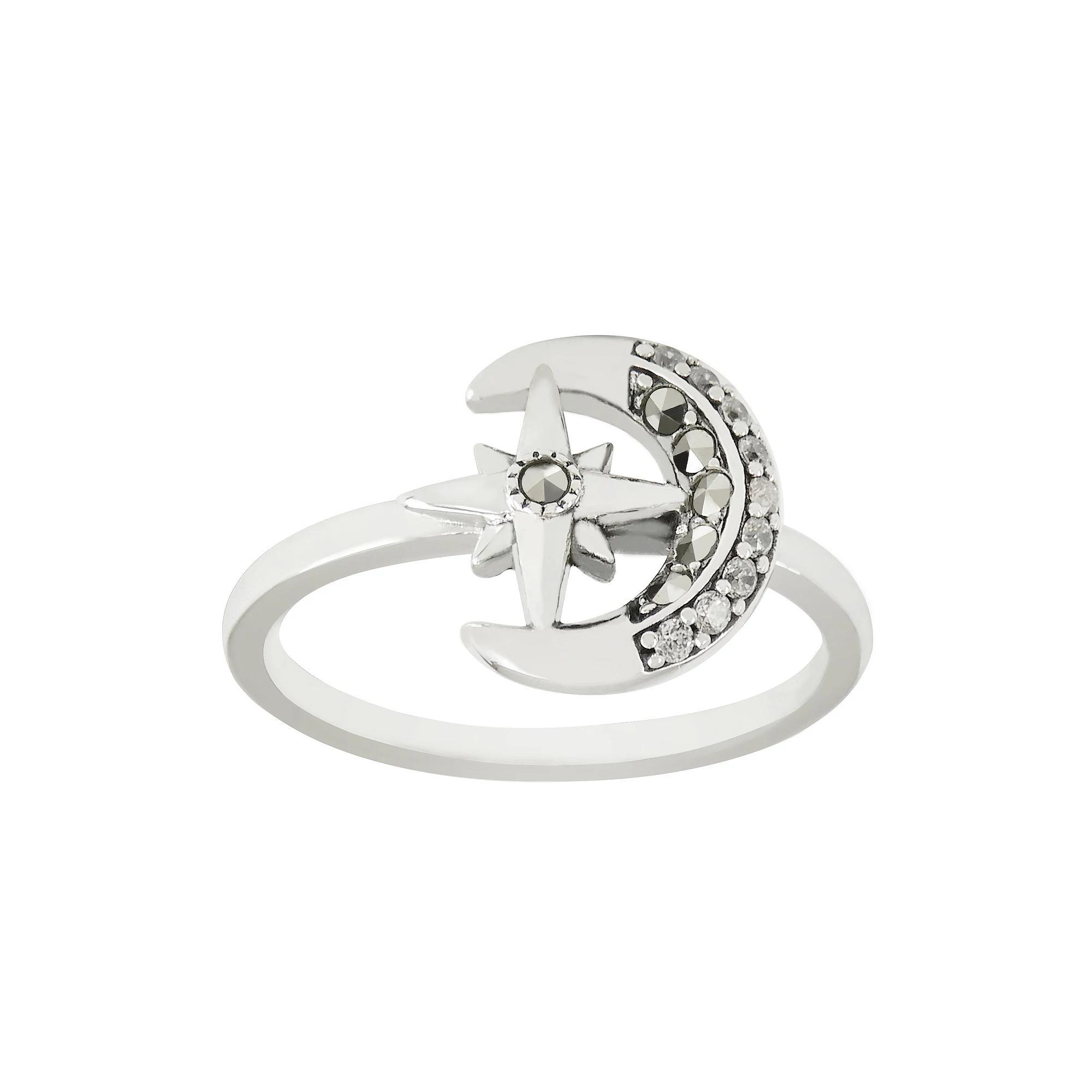 Lavish by TJM Sterling Silver Marcasite & Cubic Zirconia Moon & Star Slim Ring, Women's, Size: 7 Product Image