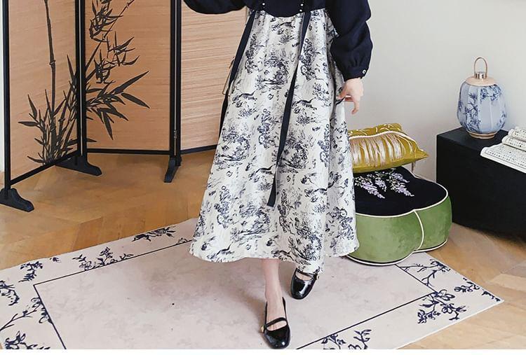 Long-Sleeve Square Neck Mock Two-Piece Print Ruffle Trim Midi A-Line Dress Product Image