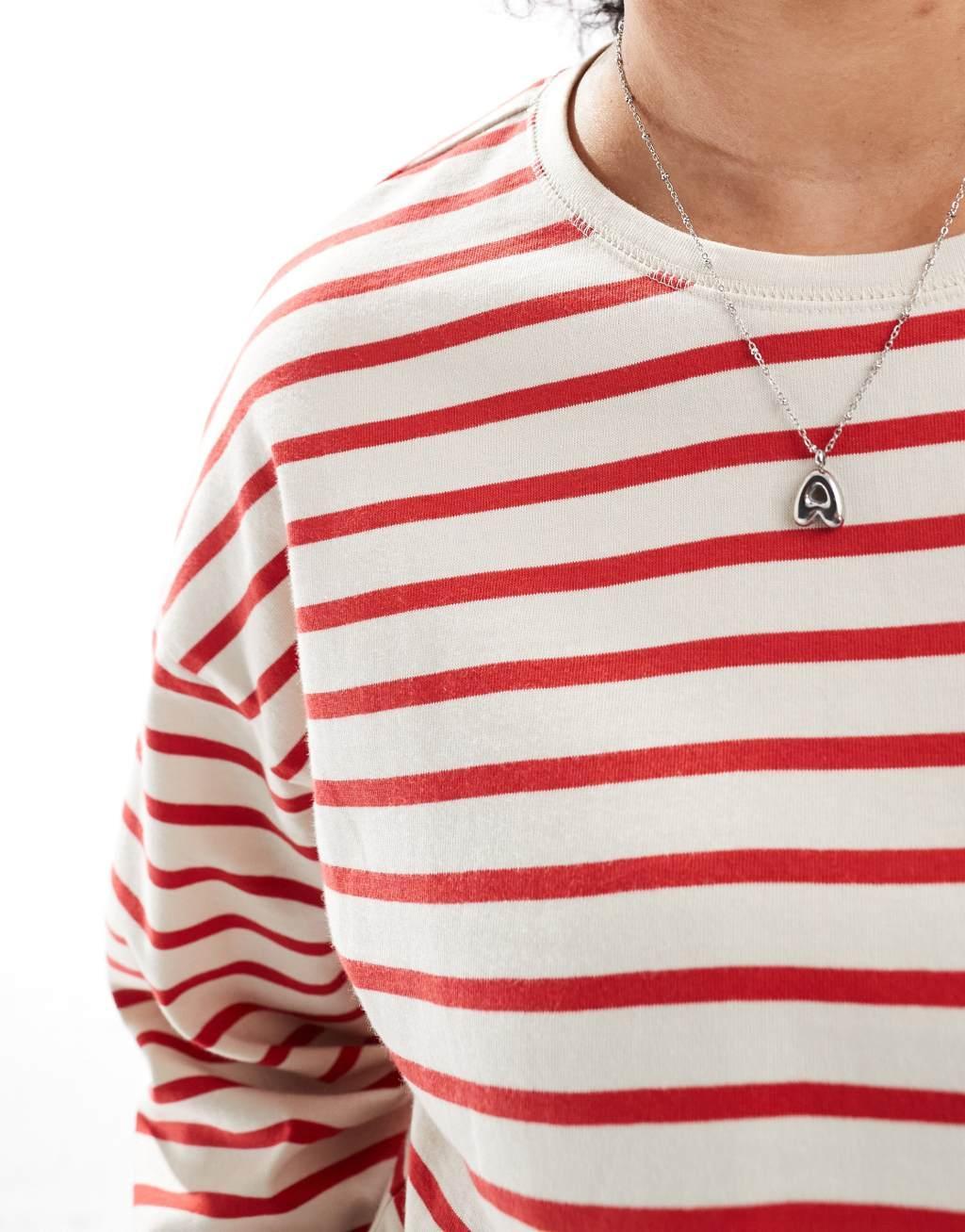 ONLY Curve long sleeve striped t-shirt in cream & red stripe    Product Image