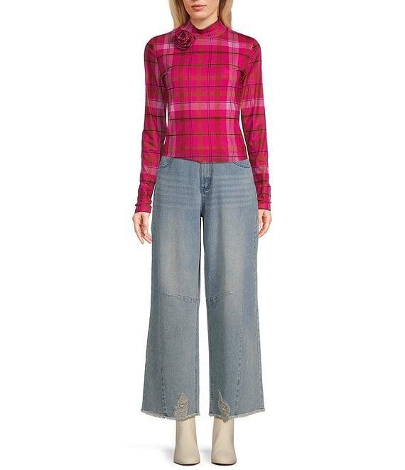 C&V Chelsea & Violet Raw Edge Frayed Hem Wide Leg Denim Jeans Product Image