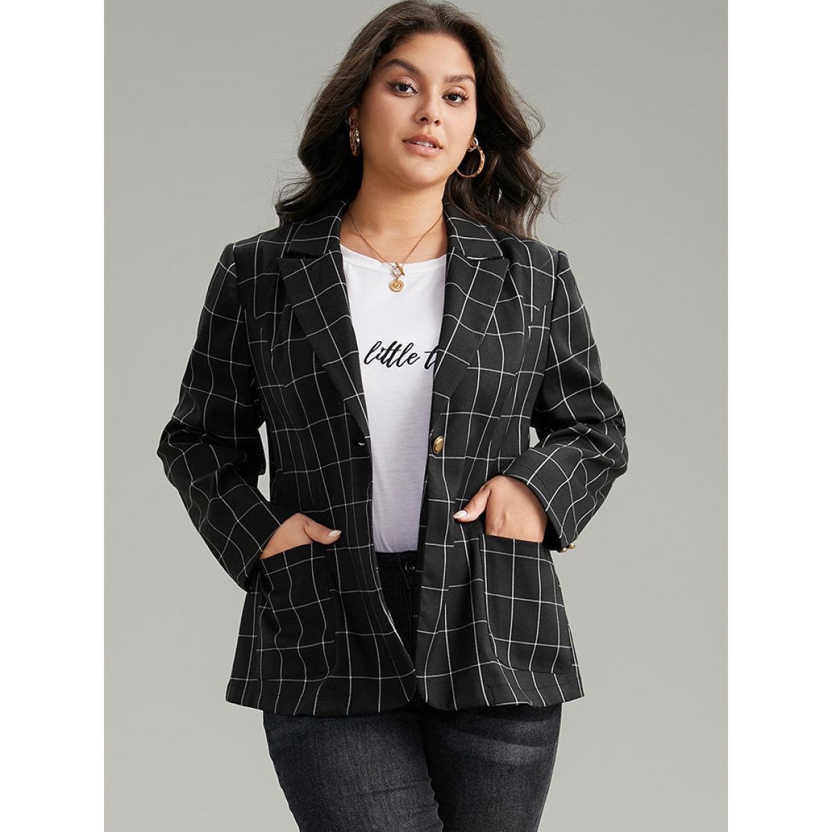 Plus Size Plaid Suit Collar Metal Detail Pocket Blazer Black Women Work Plaid Contrast Sleeve Long Sleeve Suit Collar 12/L Pocket Work From Home Blazers BloomChic Product Image