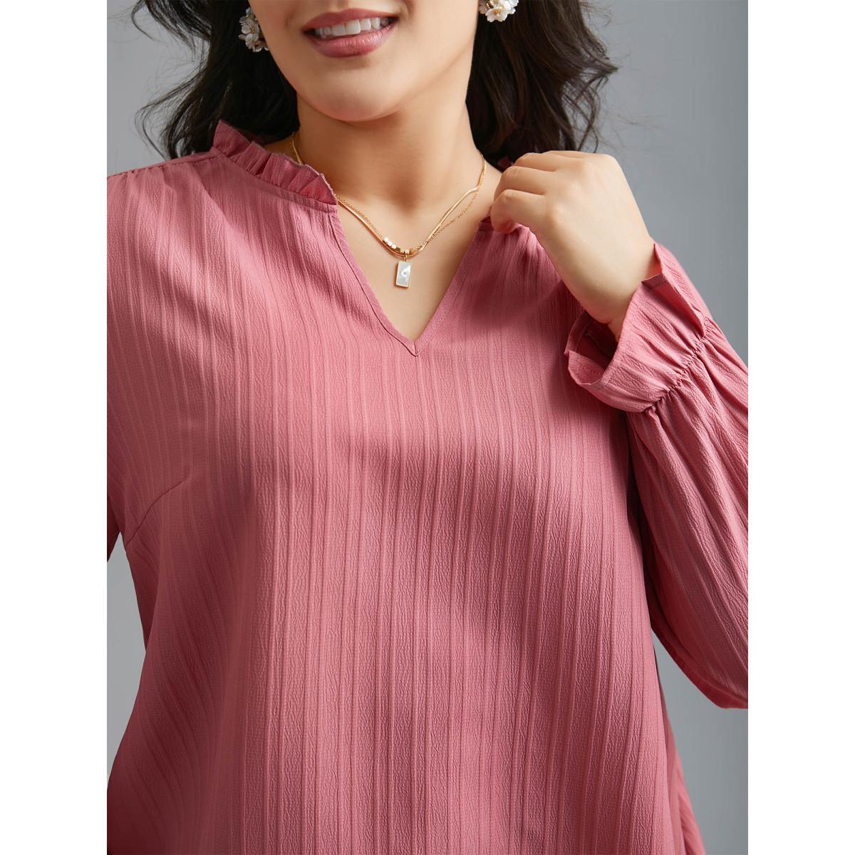 Plus Size DustyPink V Neck Frill Trim Textured Blouse Women Elegant Extra Long Sleeve V-neck Everyday Blouses BloomChic 18-20/2X Product Image