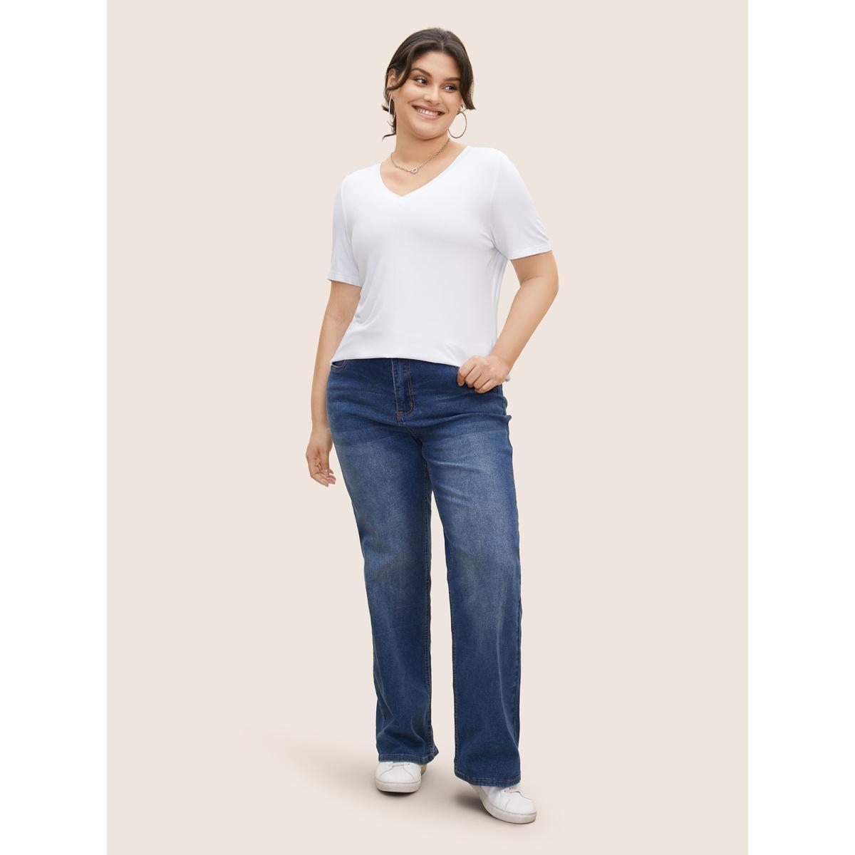 Plus Size Supersoft Essentials Solid V Neck Basic Knit T-shirt Originalwhite Women Basics Non V-neck Everyday T-shirts BloomChic 28/5X Product Image