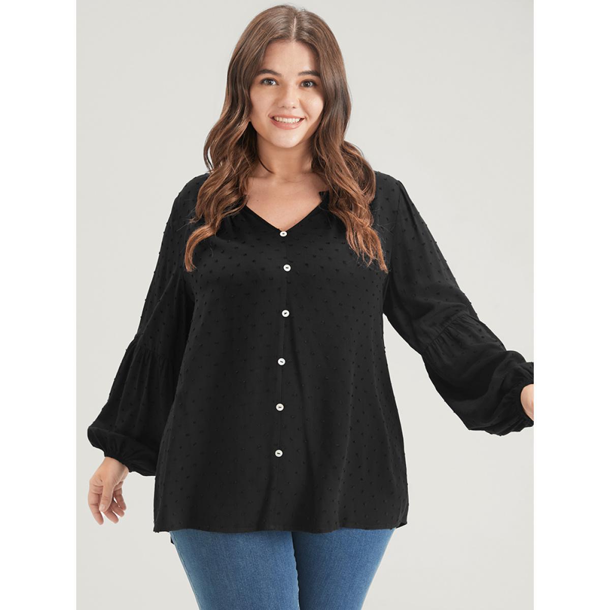 Plus Size Black Solid Button Lantern Sleeve Polka Dot Blouse Women Basics Cap Sleeve V-neck Work Blouses BloomChic 28/5X Product Image