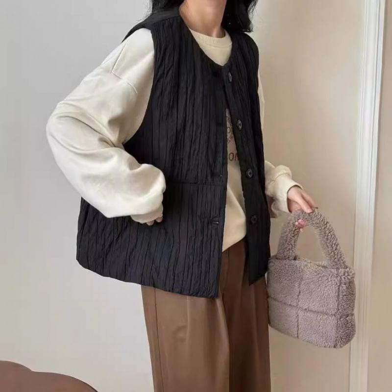 Round Neck Plain Padded Button Vest Product Image
