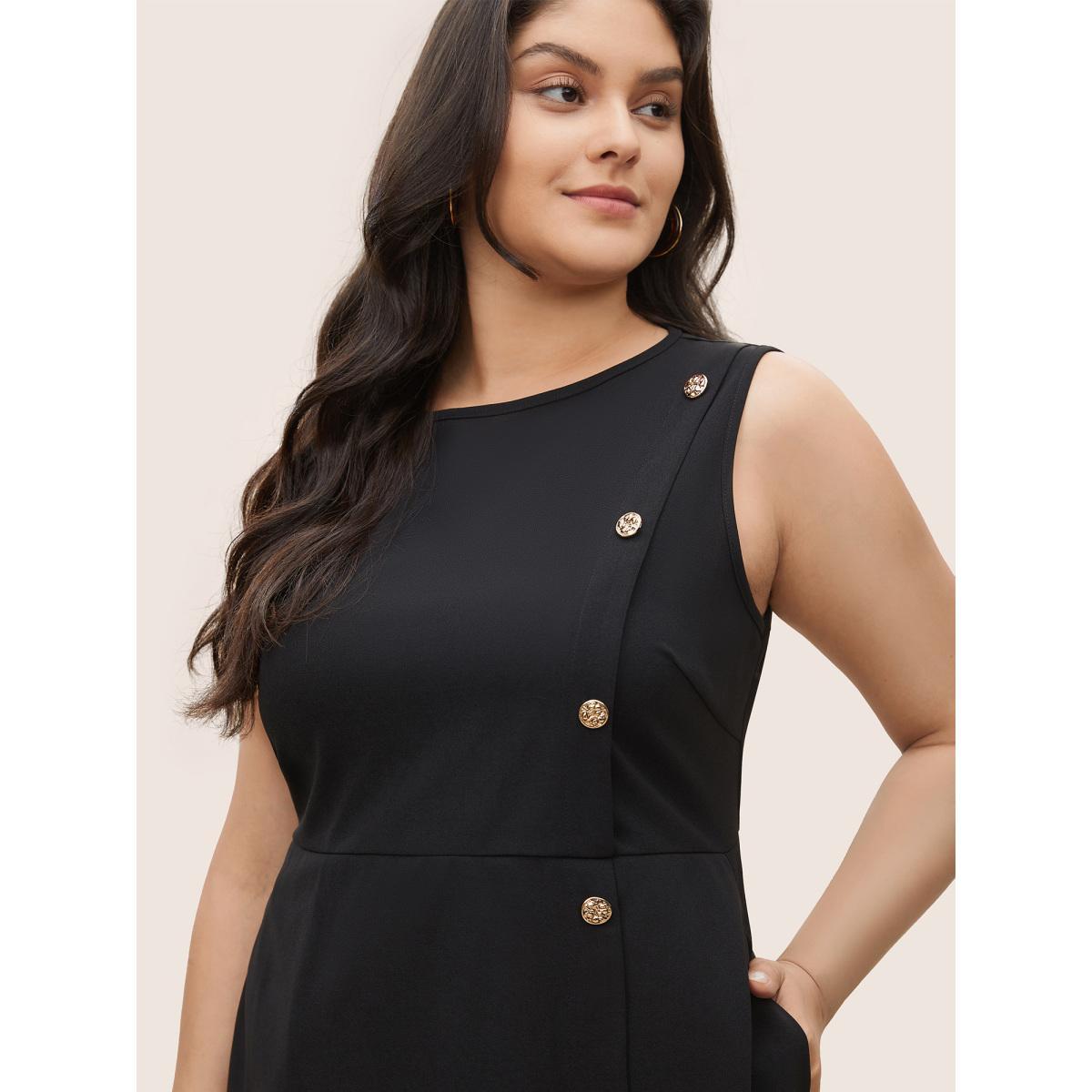 Plus Size Plain Sleeveless Button Detail Pocket Dress Black Women Workwear Essentials Non Round Neck Sleeveless Curvy Midi Dress BloomChic 14-16/1X Product Image