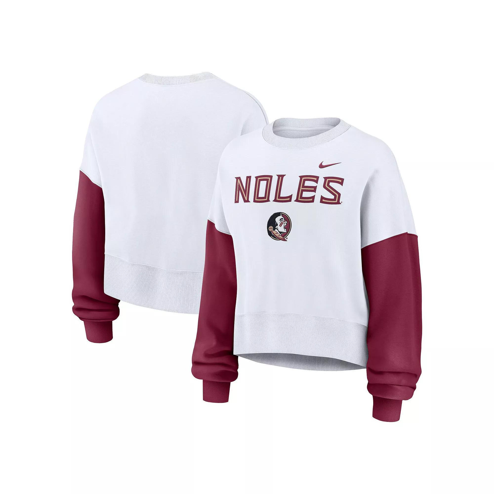 Women's Nike White Florida State Seminoles Color-Block Oversized Cropped Pullover Sweatshirt, Size: XS Product Image