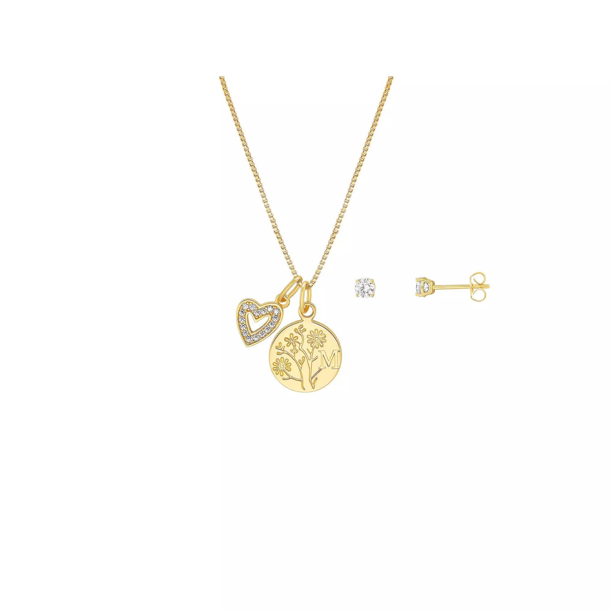 Brilliance Flash Plated Cubic Zirconia Stud Earrings and Initial Pendant Necklace Set, Women's, Size: 18", Yellow Gold Tone C Product Image