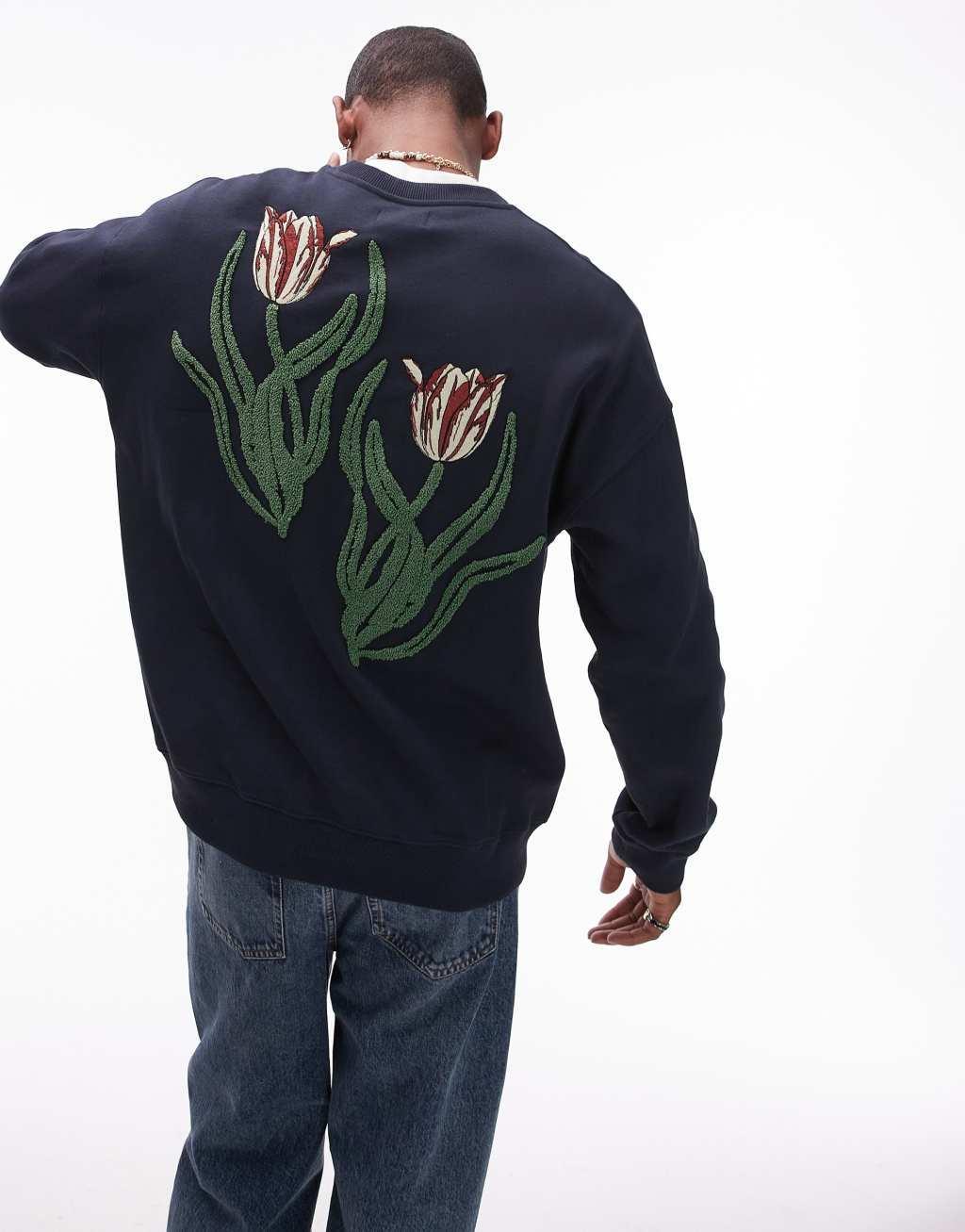 Topman oversized fit sweatshirt with front and back tulip chenille embroidery in navy Product Image