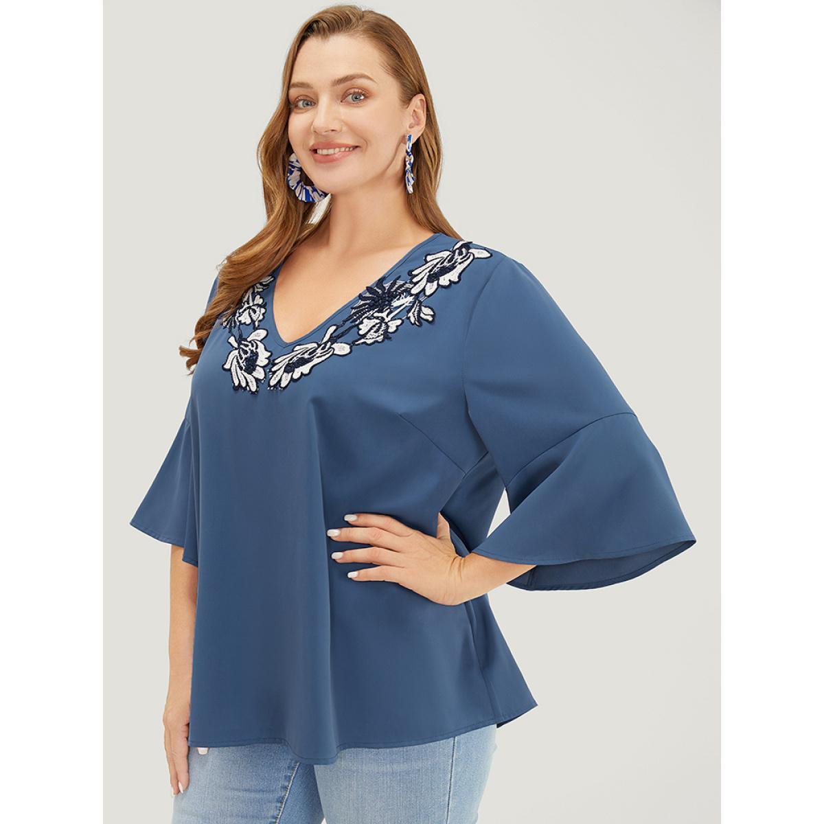 Plus Size Stone Floral Applique Bell Sleeve Blouse Women Elegant Elbow-length sleeve V-neck Dailywear Blouses BloomChic 22-24/3X Product Image