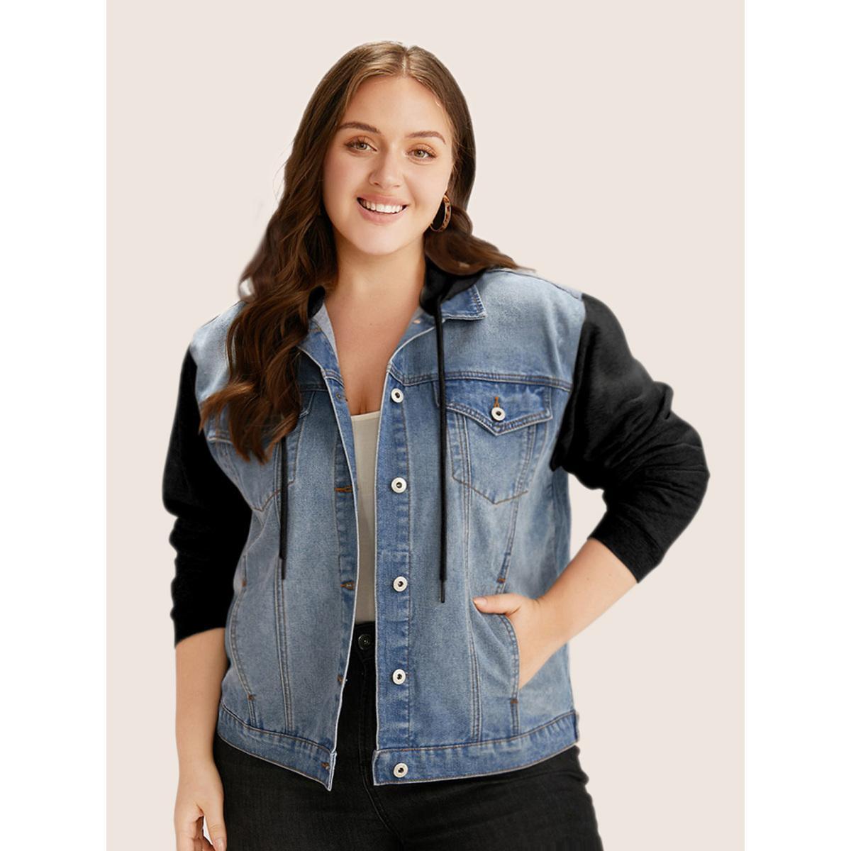 Women Hooded Patchwork Flap Pocket Denim Jacket Black Plus Size Plain Contrast Everyday Slanted pocket Casual Denim Jackets BloomChic 18-20/2X Product Image