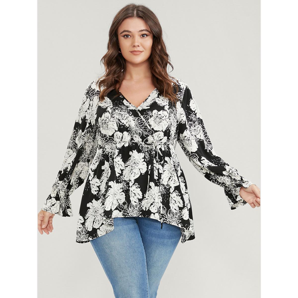 Plus Size Black Floral Lantern Sleeve Tie Up Asymmetrical Hem Wrap Blouse Women Elegant Long Sleeve V-neck Dailywear Blouses BloomChic 30/6X Product Image