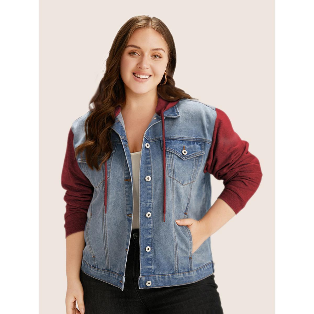 Women Hooded Patchwork Flap Pocket Denim Jacket Raspberry Plus Size Plain Contrast Everyday Slanted pocket Casual Denim Jackets BloomChic 22-24/3X Product Image