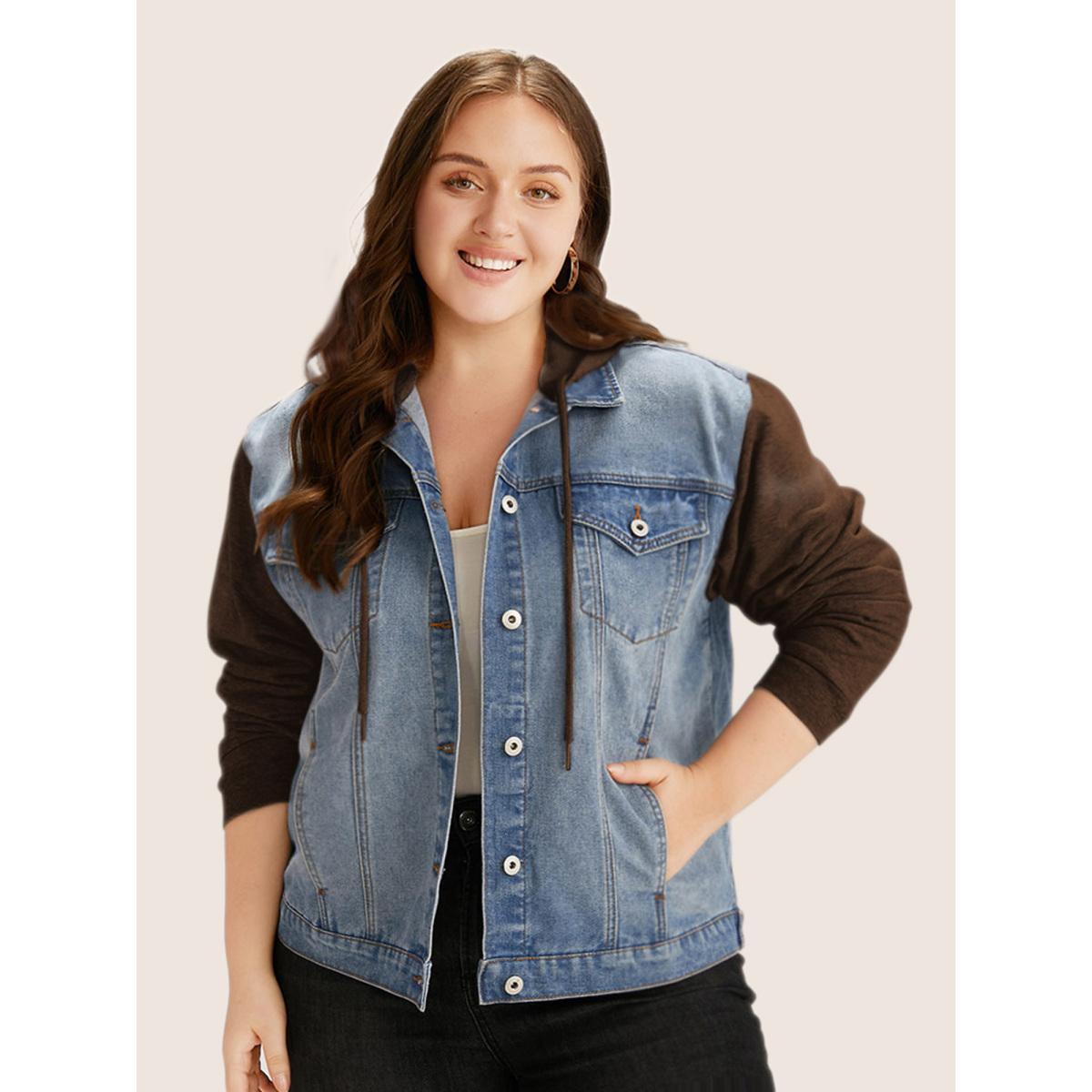 Women Hooded Patchwork Flap Pocket Denim Jacket Indigo Plus Size Plain Contrast Everyday Slanted pocket Casual Denim Jackets BloomChic 26/4X Product Image