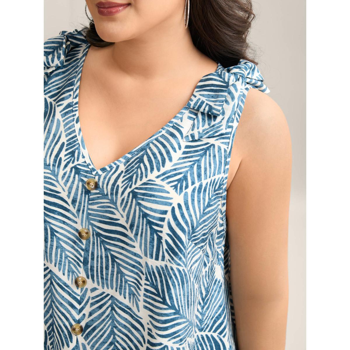 Plus Size Bow Shoulder Leaf Print Button Tank Top Women Mediumblue Tie knot V-neck Vacation Tank Tops Camis BloomChic 30/6X Product Image