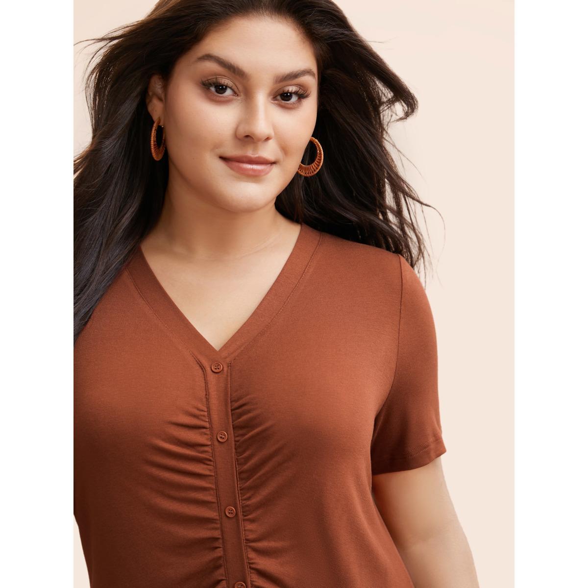 Plus Size V Neck Button Detail Ruched T-shirt Maroon Women Elegant Gathered V-neck Bodycon Everyday T-shirts BloomChic 12/L Product Image
