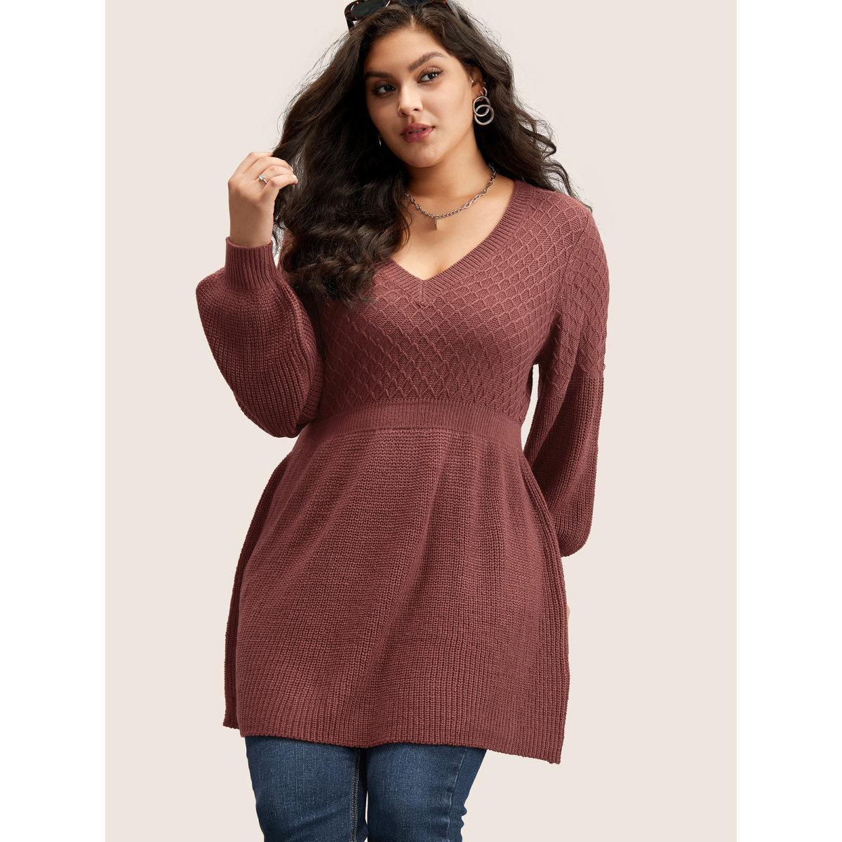 Plus Size Plain Plisse Lantern Sleeve A Line Pullover Rust Women Elegant Long Sleeve V-neck Everyday Pullovers BloomChic 12/L Product Image