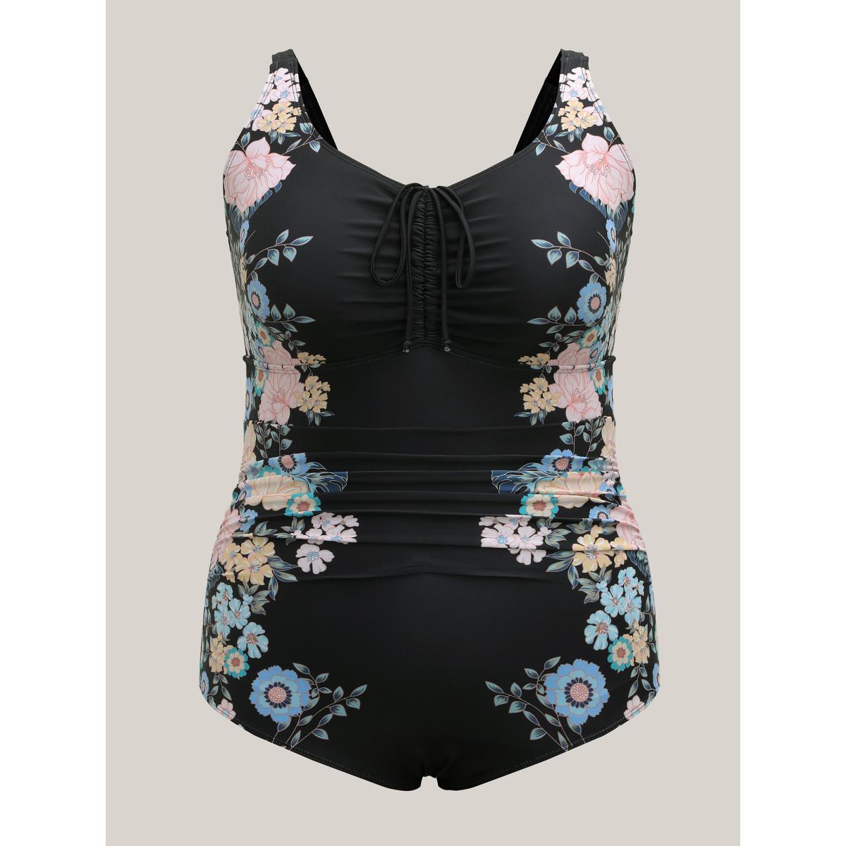 Plus Size Floral Print Drawstring One-Piece Swimsuit Women's Swimwear Black Beach Drawstring Curve Bathing Suits High stretch One Pieces BloomChic 18-20/2X Product Image