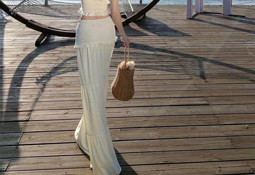 Set: Halter V-Neck Plain Ruffle Crop Top + Mid Waist Tiered Ruched Maxi A-Line Skirt Product Image