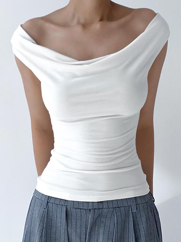 Skinny Sleeveless Backless Solid Color Split-Joint Tied Off-The-Shoulder T-Shirts Tops Product Image