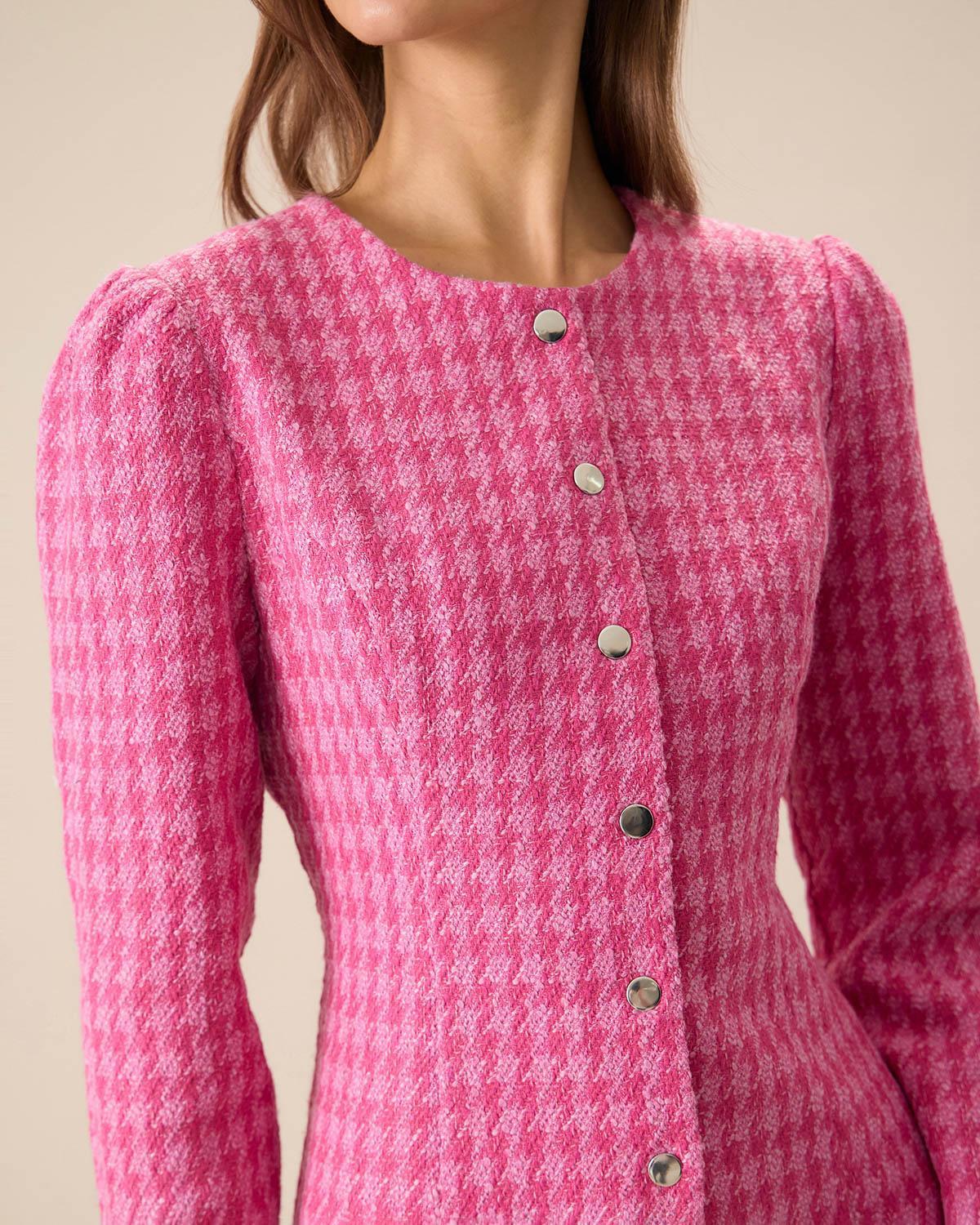 Women's Pink Single-breasted Tweed Mini Dress Female Product Image