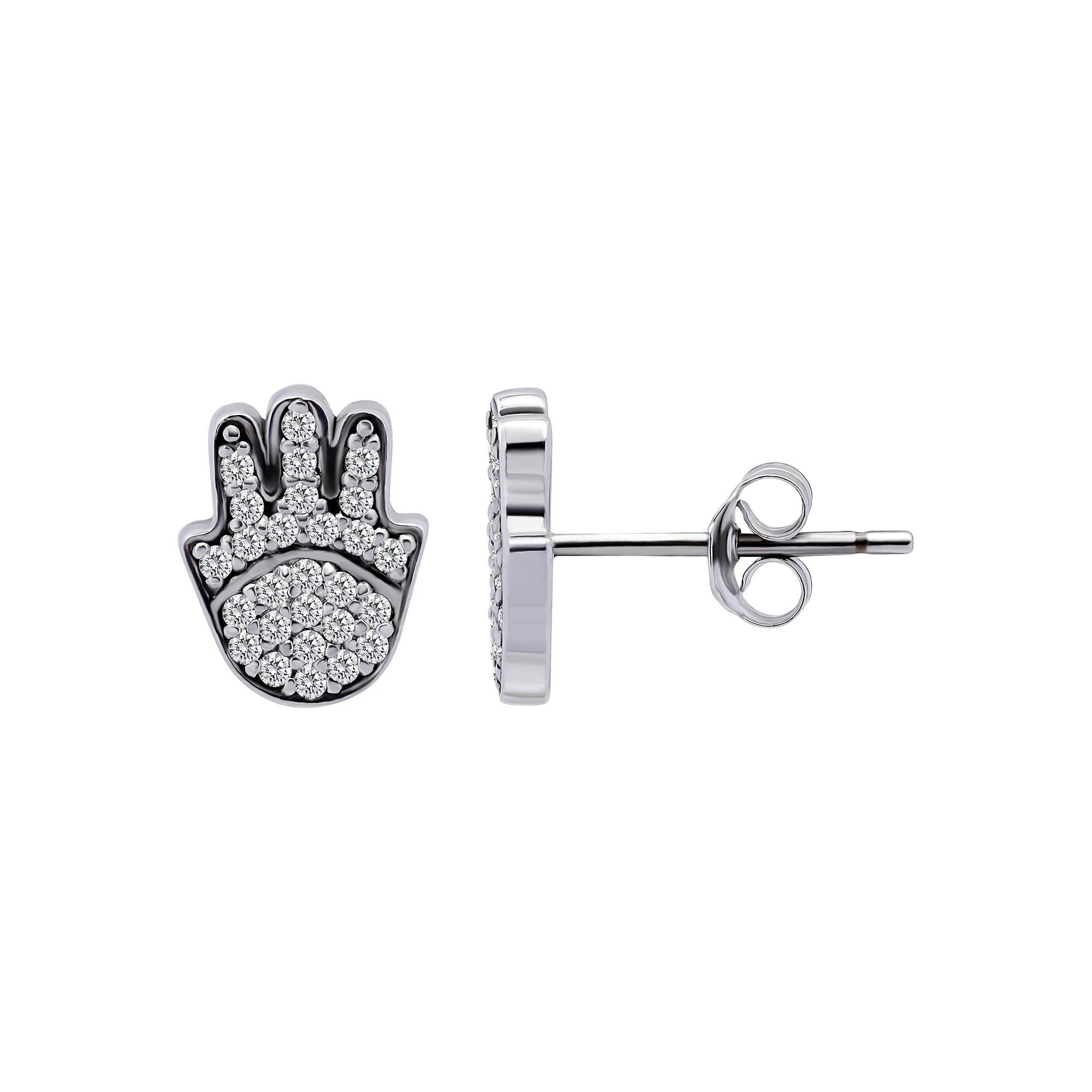 Aleure Precioso Sterling Silver Pave Cubic Zirconia Hamsa Hand Stud Earrings, Women's Product Image