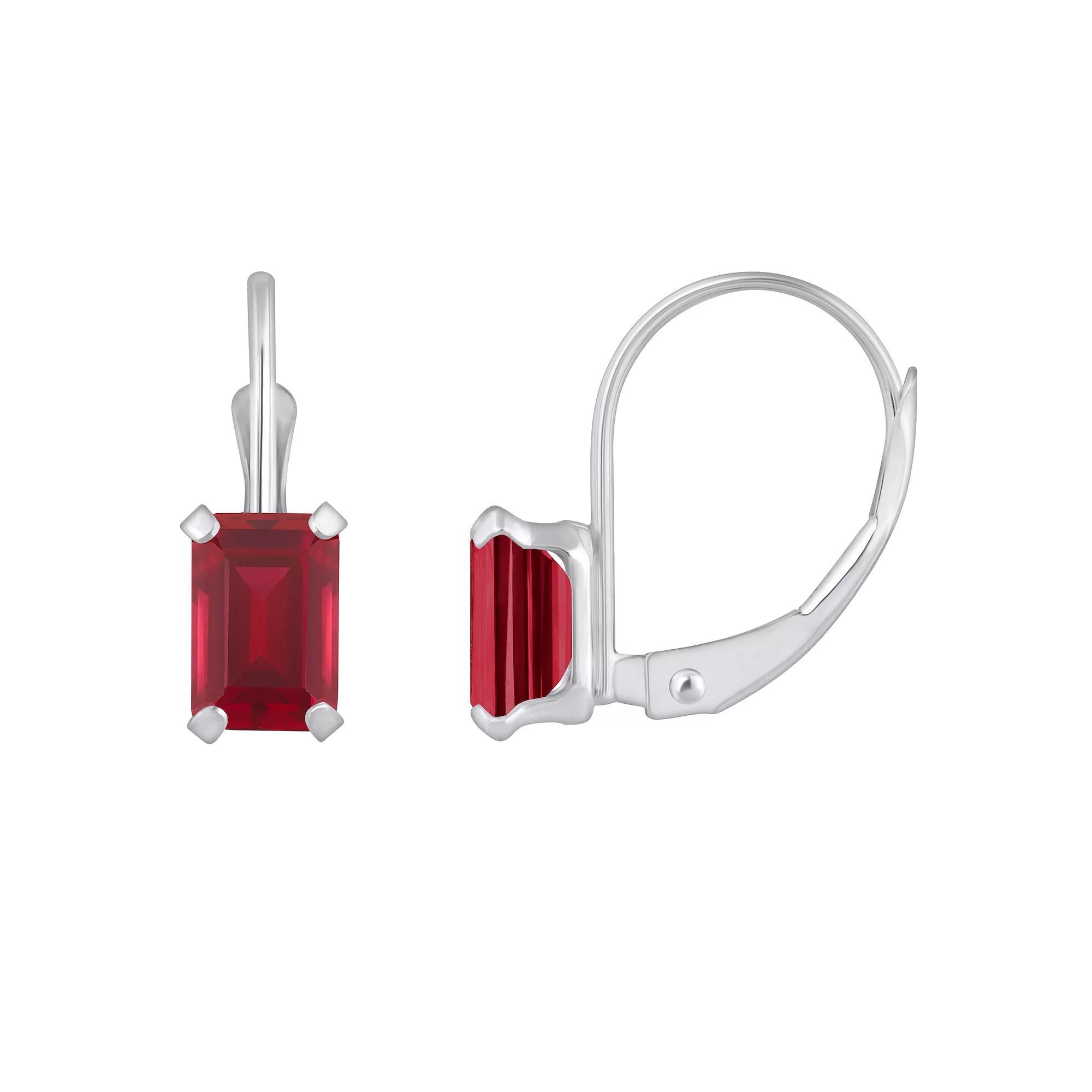 Celebration Gems 10k Gold Emerald Cut Lab-Created Ruby Leverback Earrings, Women's, 10k Whgold Product Image