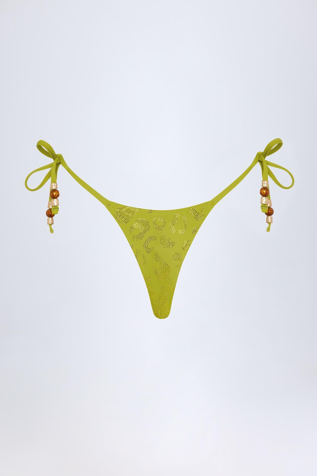 Side-Tie Bead Thong Bikini Bottoms in Olive Leopard Hotfix Product Image