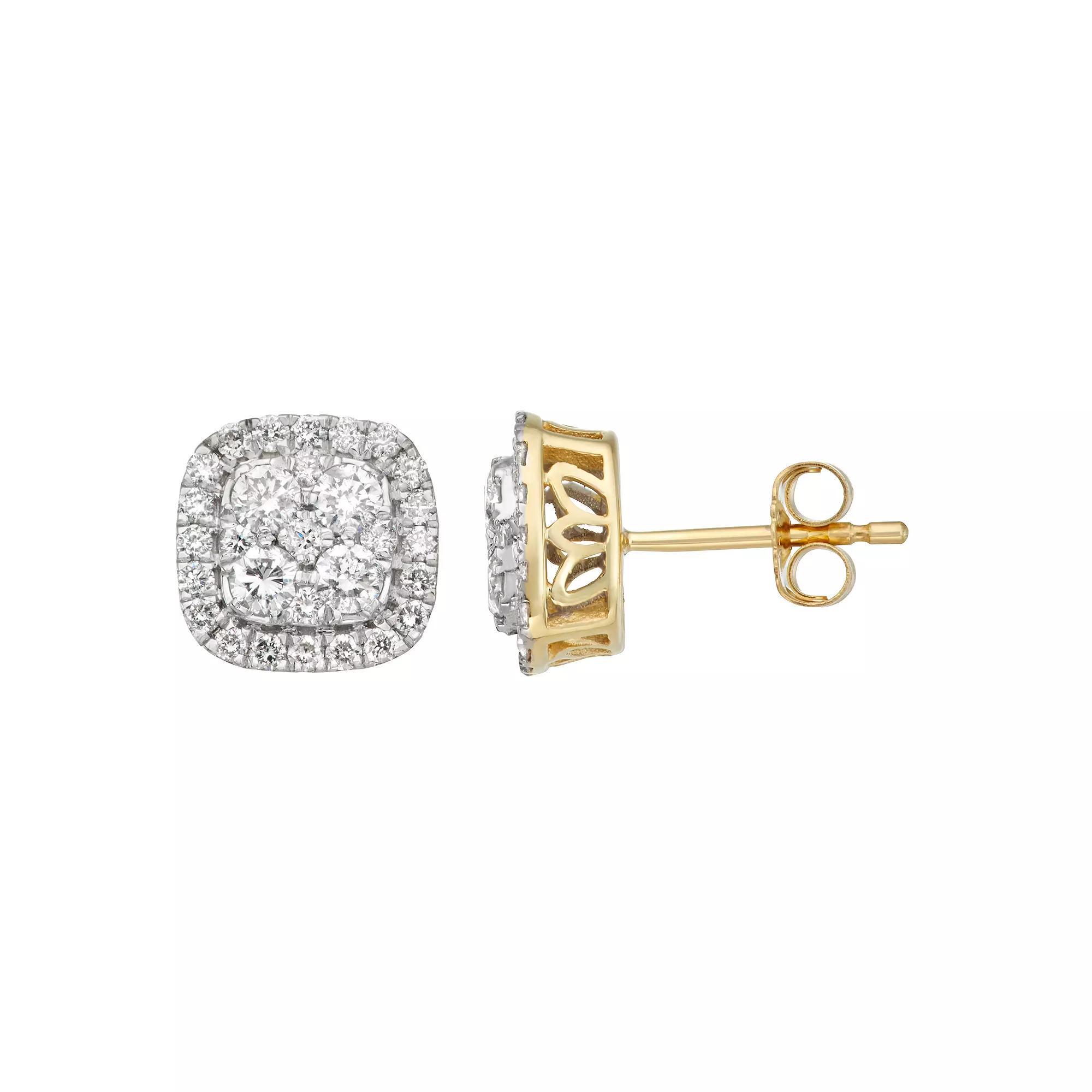 14k Gold 1 Carat T.W. Diamond Cushion Halo Stud Earrings, Womens Product Image