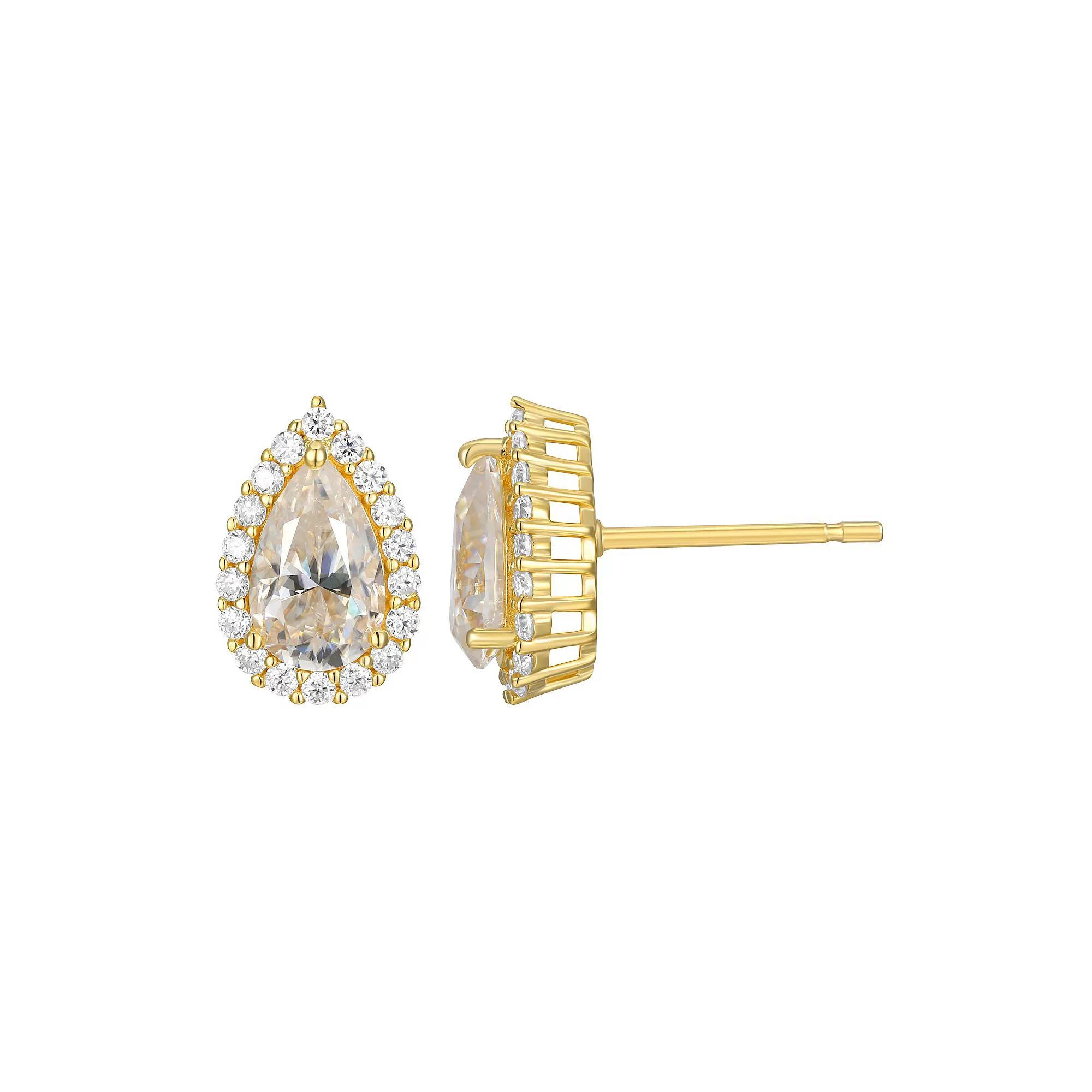 18k Gold Plated Silver Lab-Created Moissanite Pear Halo Stud Earrings, Women's, Gold Tone Product Image