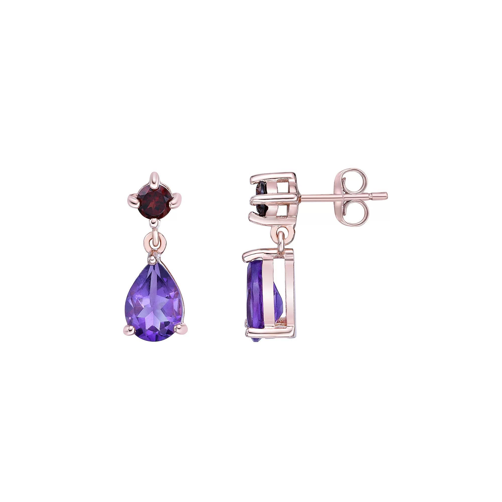 Gemminded 14k Rose Gold Over Silver Amethyst & Garnet Drop Earrings, Women's, Pink Tone Product Image