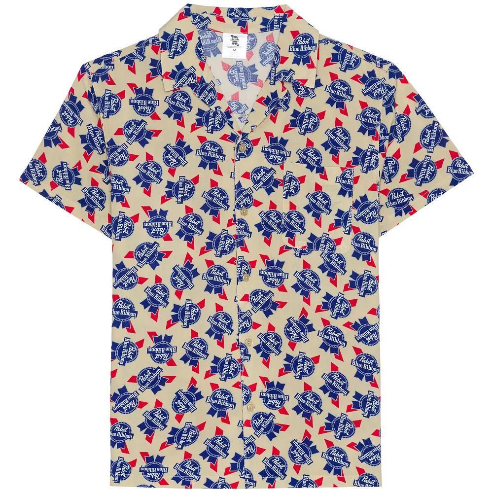 Men's Pabst Blue Ribbon Allover Print Woven Short Sleeve Button-Down Shirt, Size: Small, White Product Image