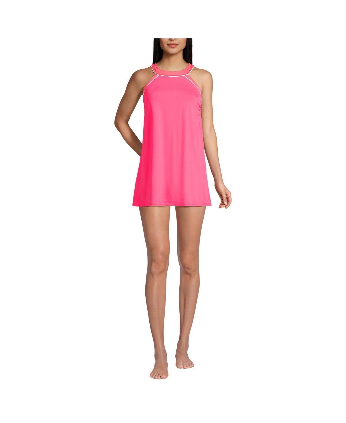 Women's Lands' End UPF 50 High Neck One-Piece Swim Dress, Size: 8, Rouge Pink Wood Lily Product Image
