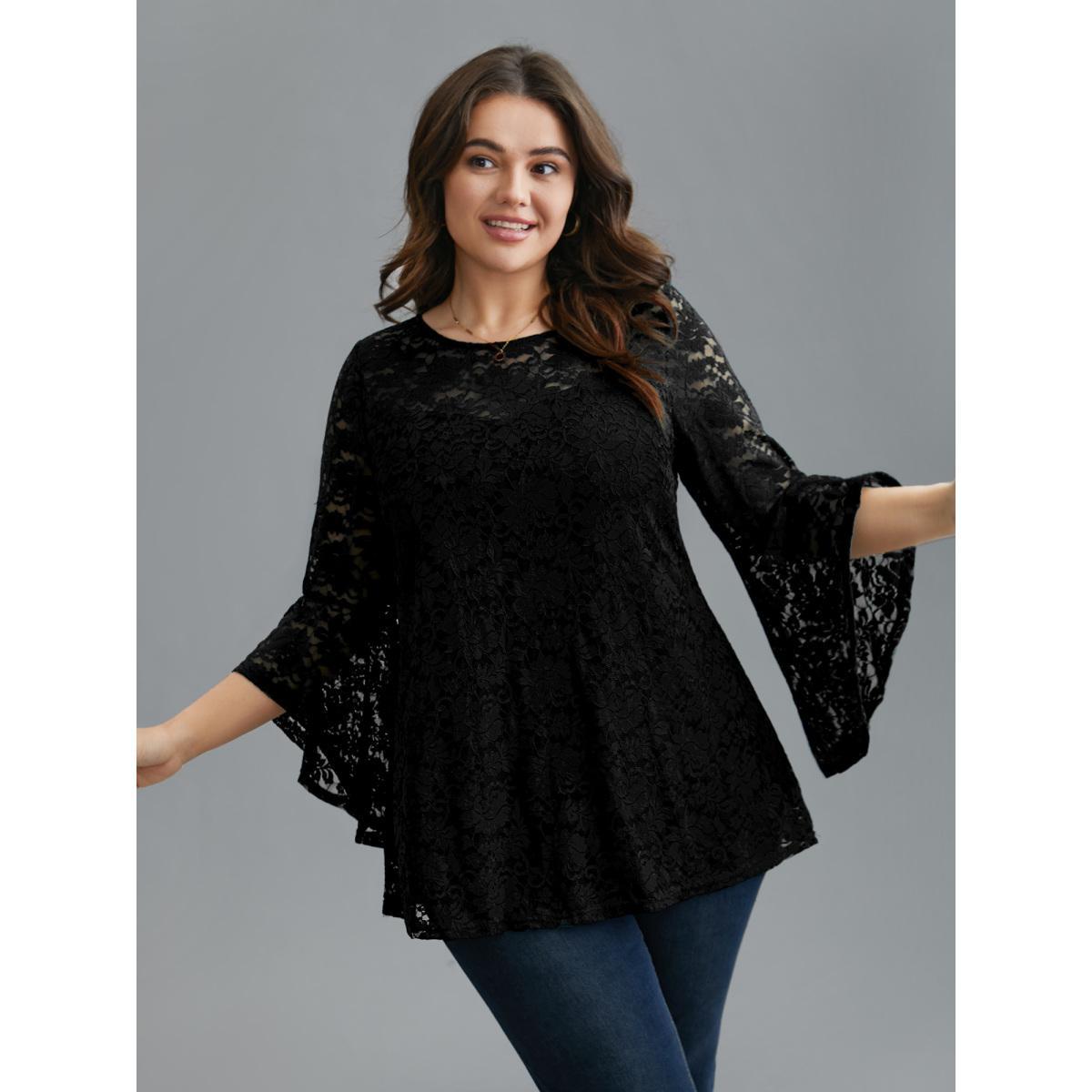 Plus Size Black Sheer Lace Irregular Sleeve Lined Shirt Women Elegant Long Sleeve Round Neck Everyday Blouses BloomChic 10/M Product Image