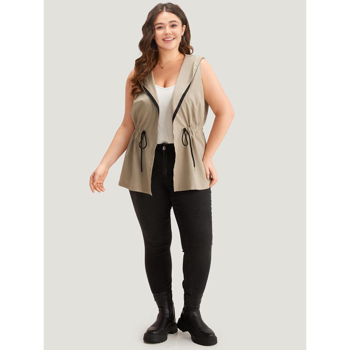 Plus Size Contrast Trim Hooded Elastic Waist Drawstring Sleeveless Jacket Women LightBrown Casual Contrast Ladies Dailywear Winter Coats BloomChic 18-20/2X Product Image