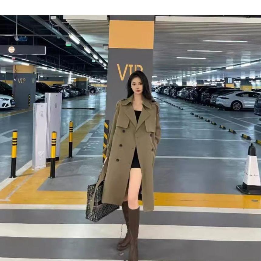 Collared Plain Midi Double Breasted Trench Coat Product Image