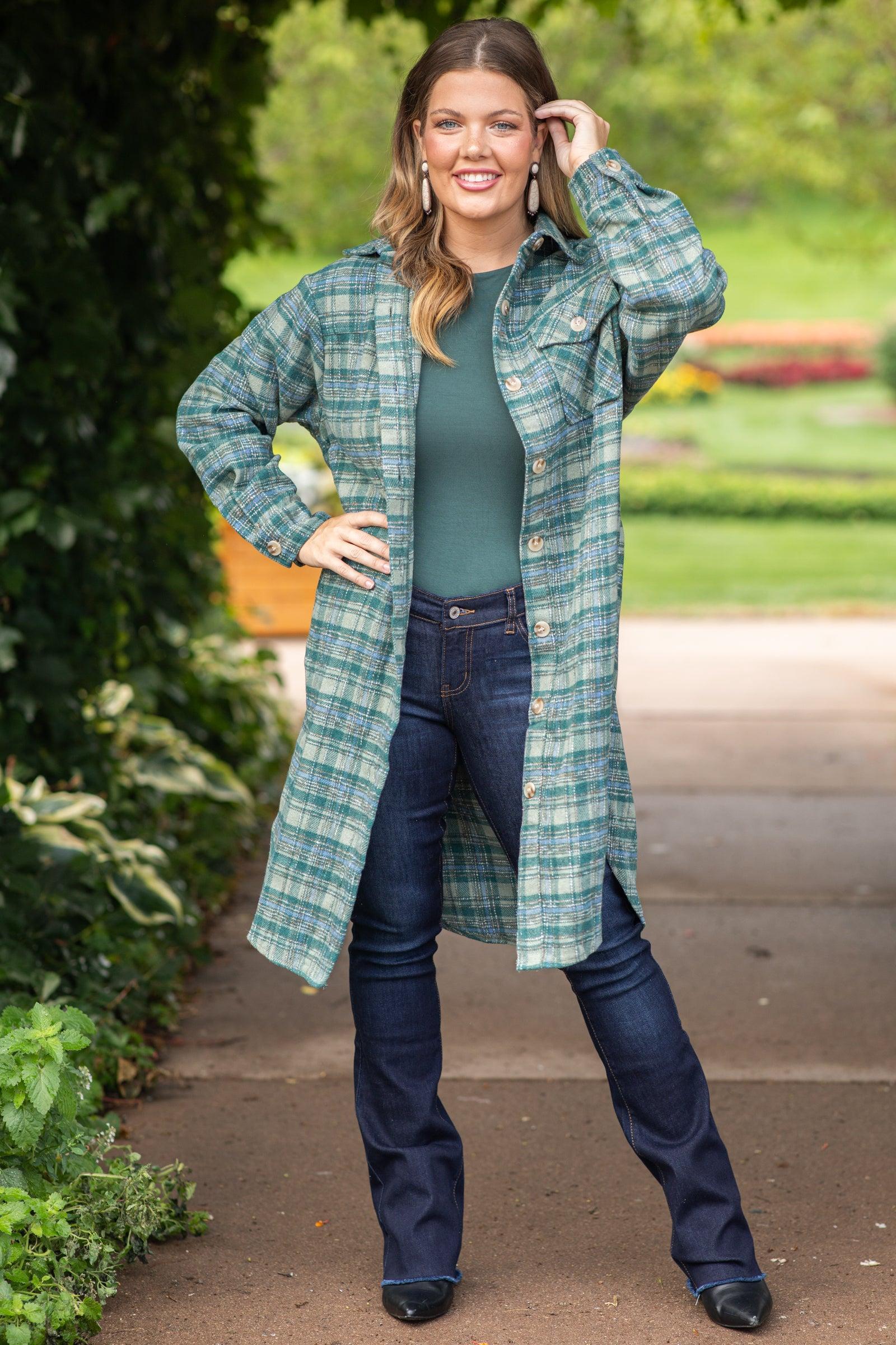 Sage and Dusty Blue Long Plaid Shacket Product Image