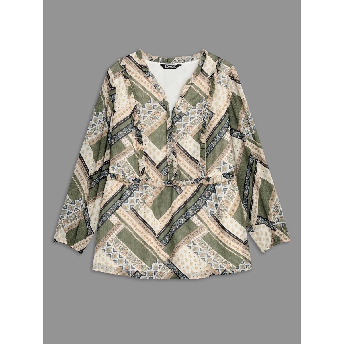 Plus Size Beige Bandana Print V Neck Ruffle Trim Blouse Women Elegant Long Sleeve V-neck Everyday Blouses BloomChic 10/M Product Image