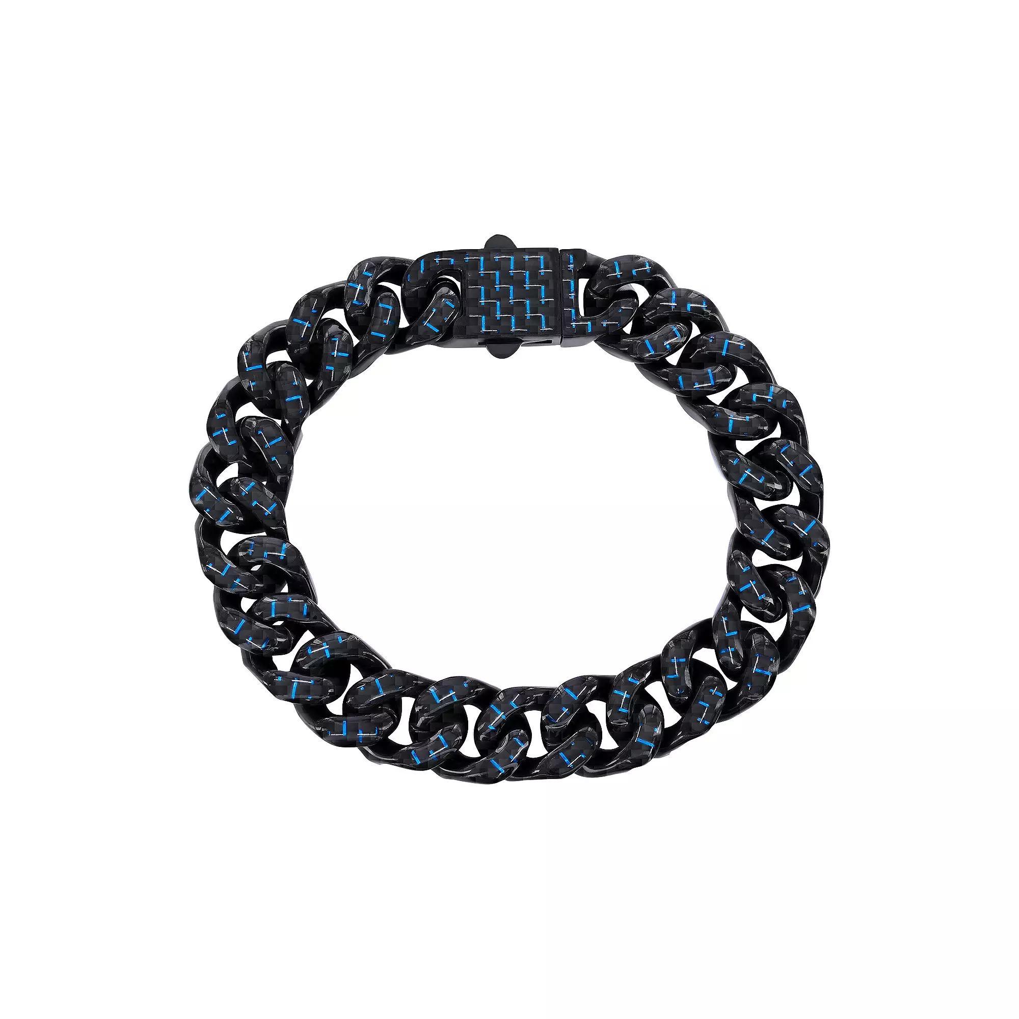 Metallo Stainless Steel Carbon Fiber Cuban Bracelet, Men's, Size: 8.5", Black Blue Product Image