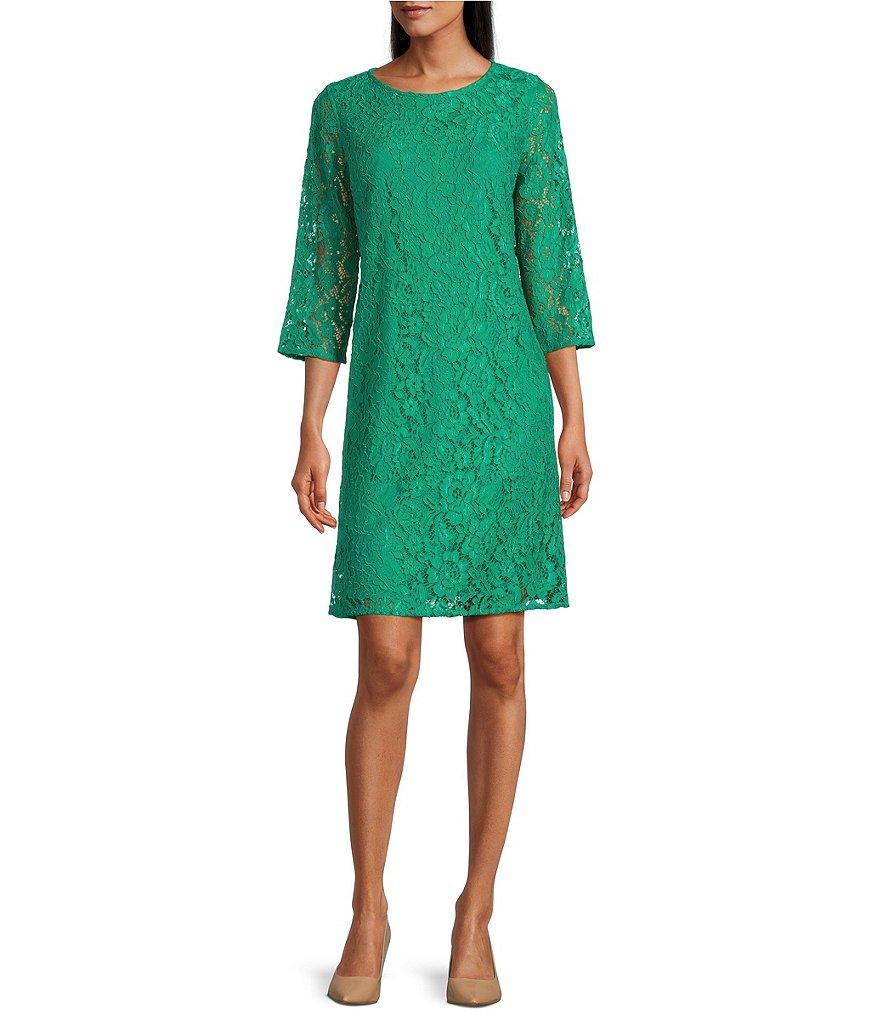 Caroline Rose Lace Round Neck 3/4 Sleeve Shift Dress Product Image