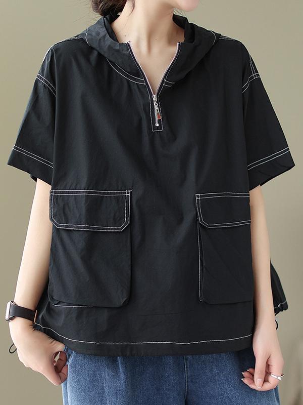 Loose Short Sleeves Zipper Hooded T-Shirts Tops Product Image