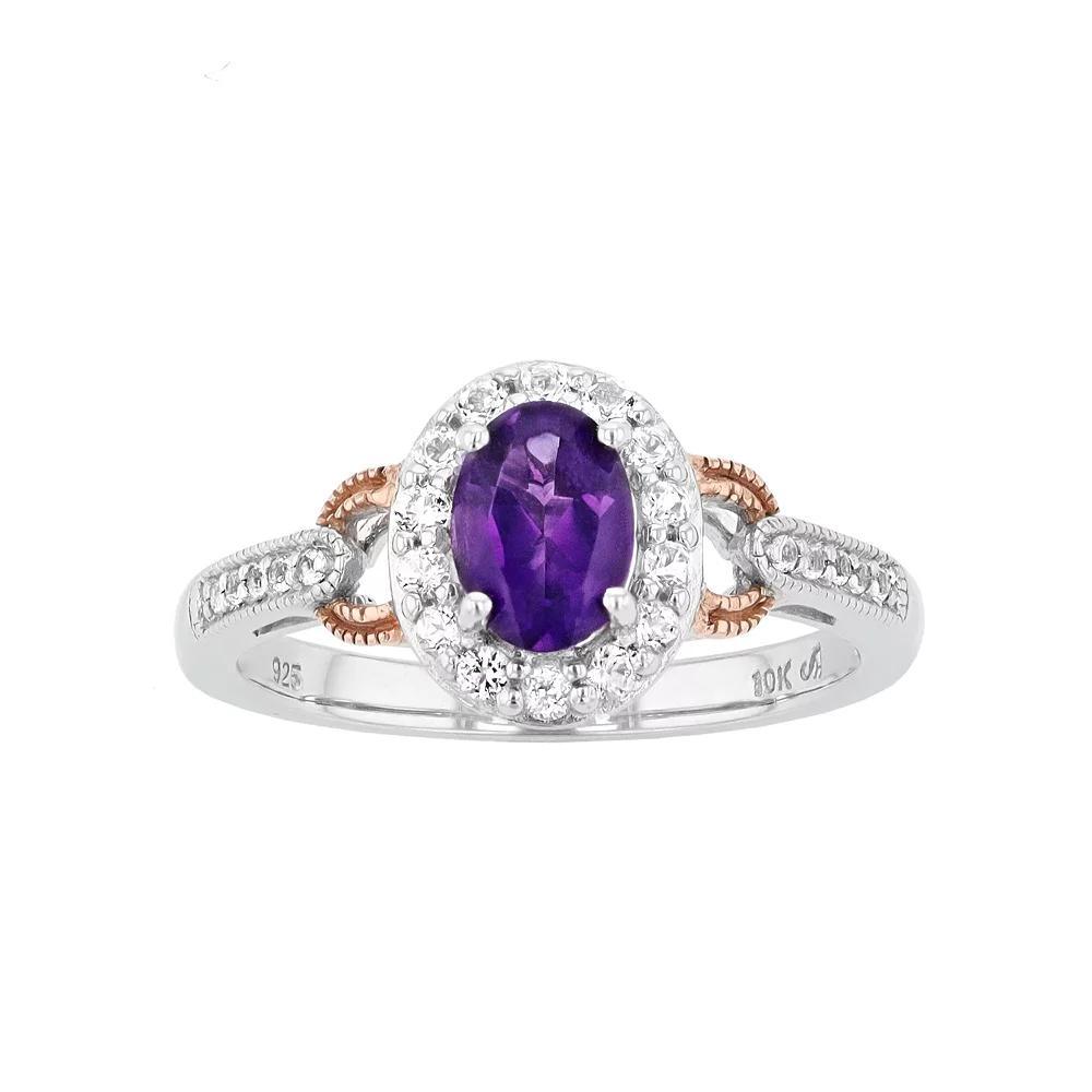 10k Rose Gold Over Silver Amethyst & White Topaz Halo Ring, Women's, Size: 7, Two Tone Product Image