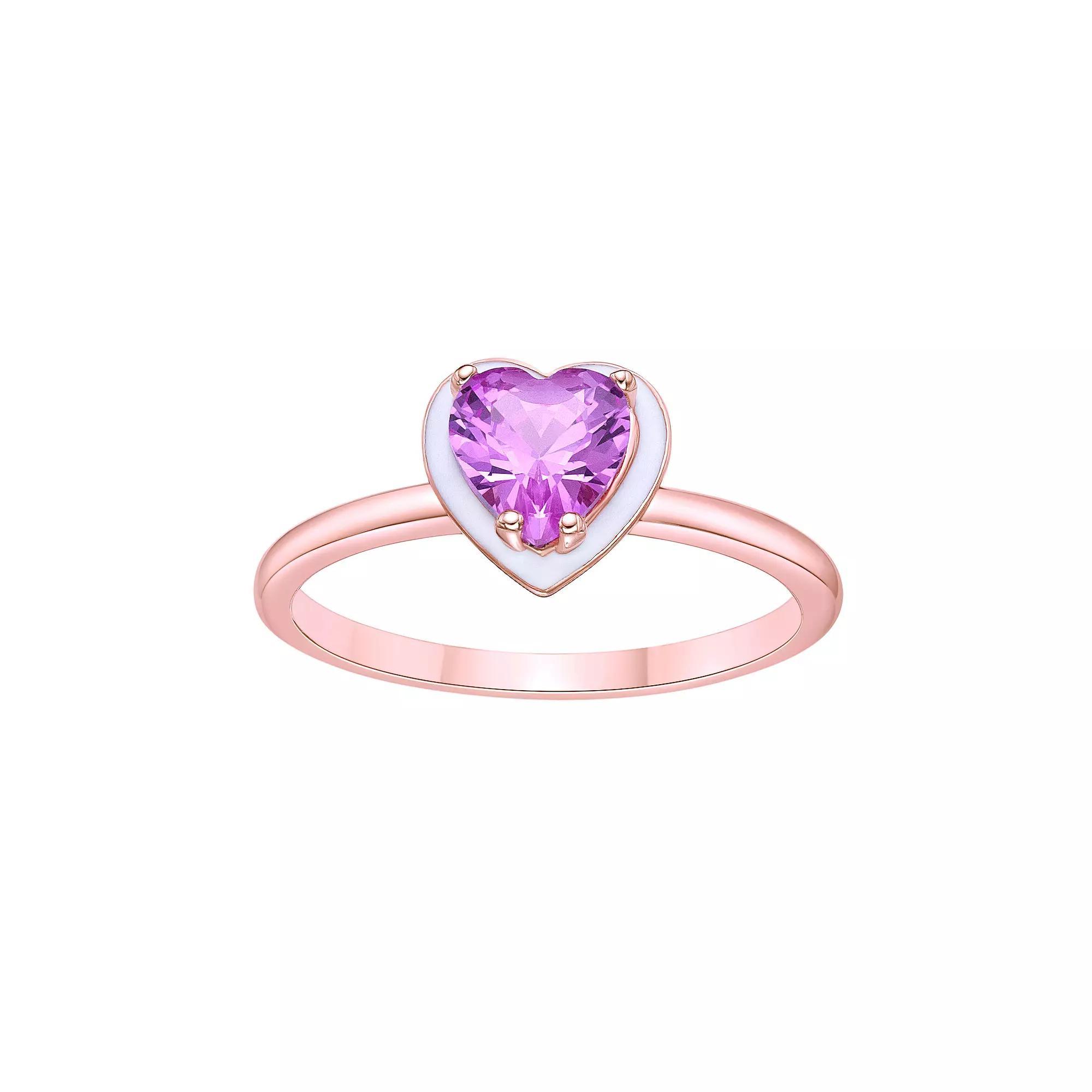 Gemminded 18k Rose Gold Over Silver Lab-Created Pink Sapphire with White Enamel Heart Ring, Women's, Size: 7, Pink Tone Product Image
