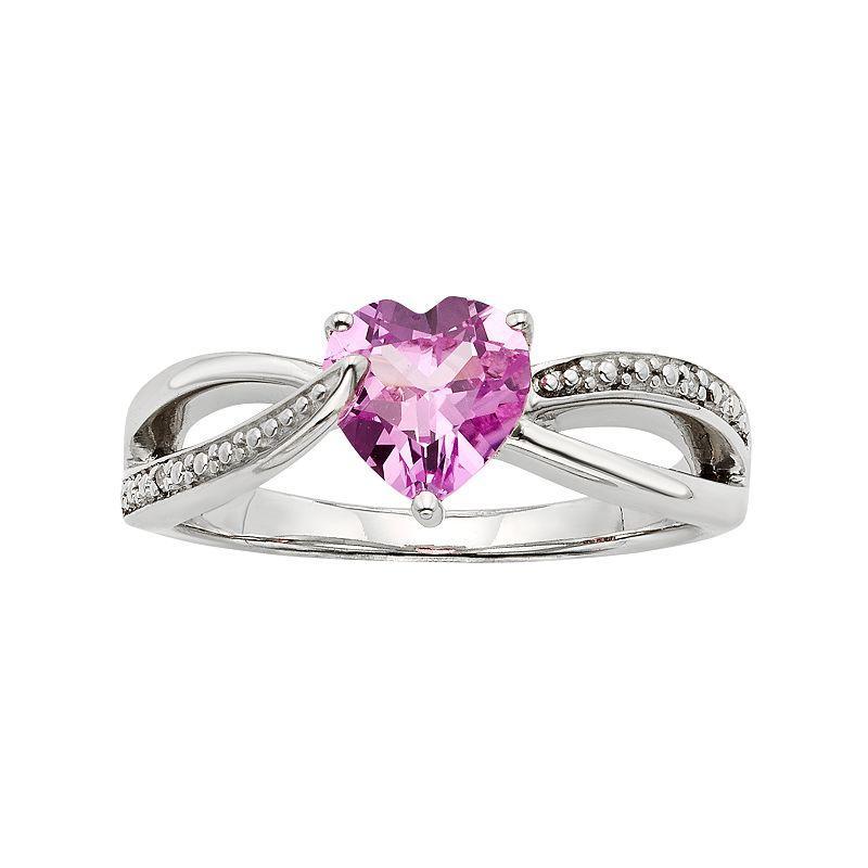 Lab-Created Pink Sapphire and Diamond Accent Sterling Silver Heart Bypass Ring, Women's, Size: 7 Product Image