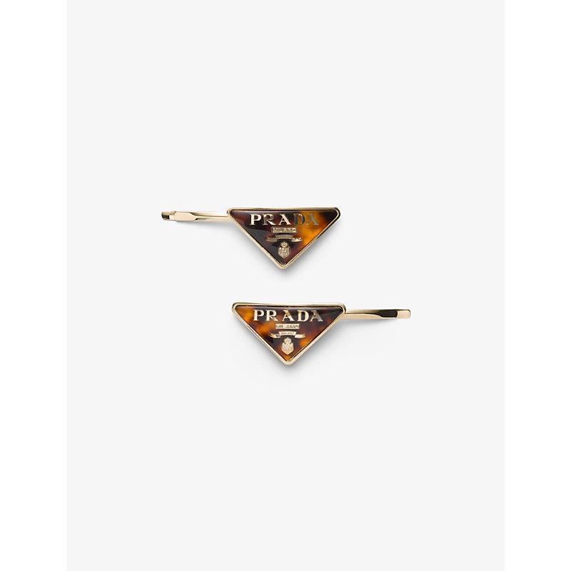 PRADA Womens Neutral Logo-plaque Gold-toned Metal Hair Clips Set Of Two Product Image