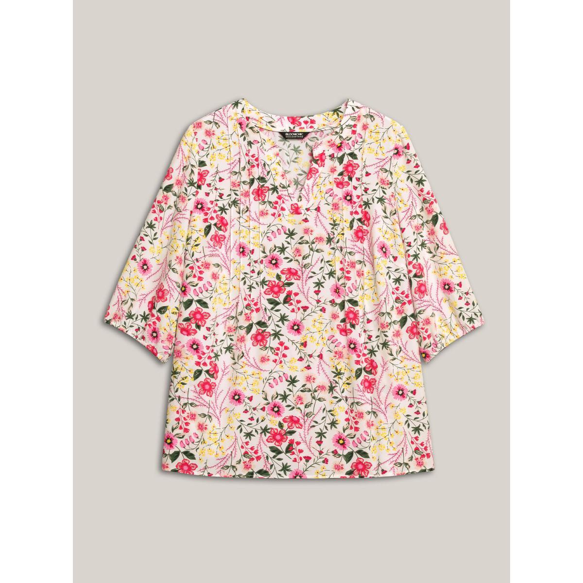 Plus Size WhiteSmoke Floral Print Notched Collar Shirt Women Elegant Elbow-length sleeve Notched collar Everyday Blouses BloomChic 14-16/1X Product Image