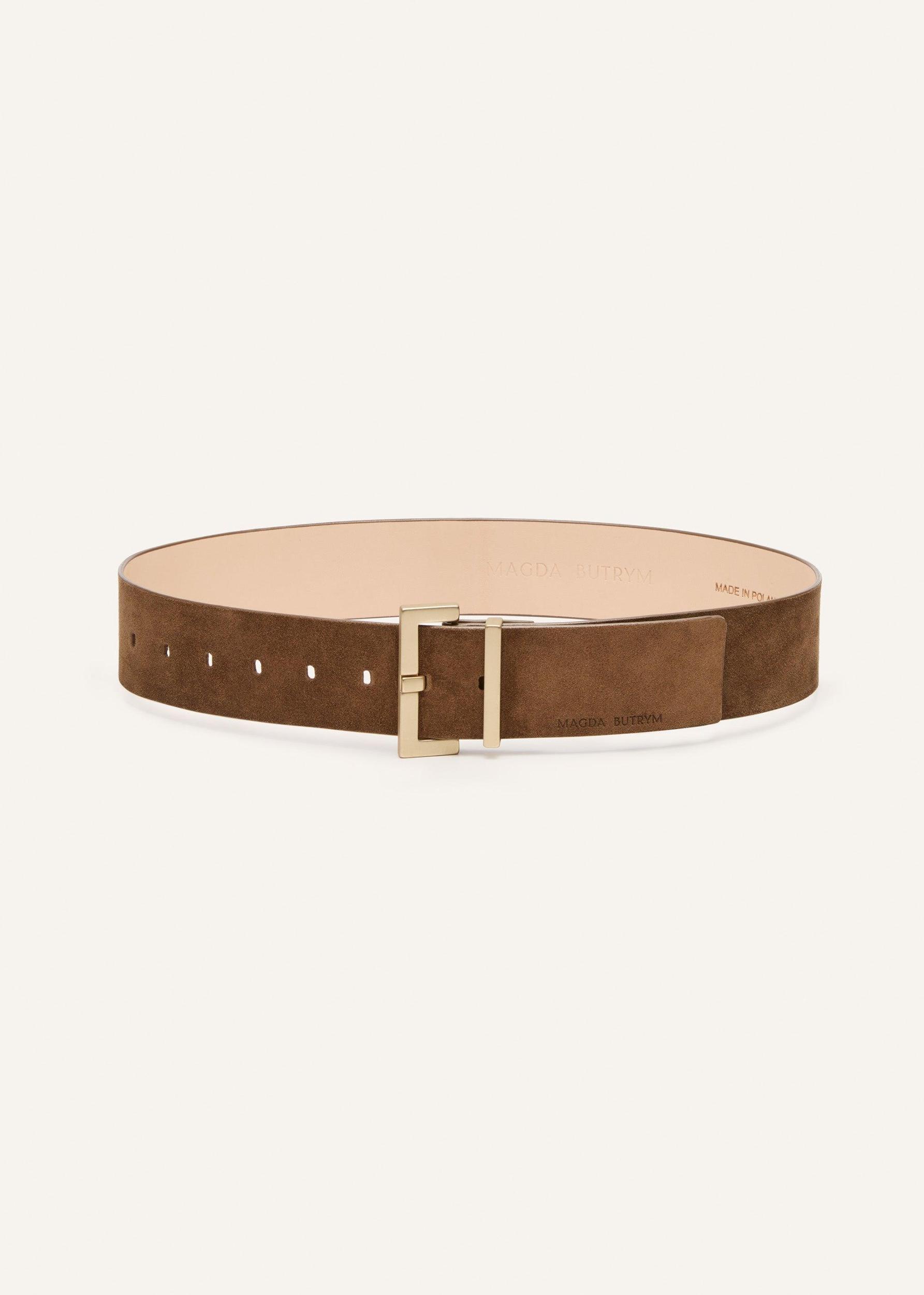Minimalist brown suede belt in gold Product Image